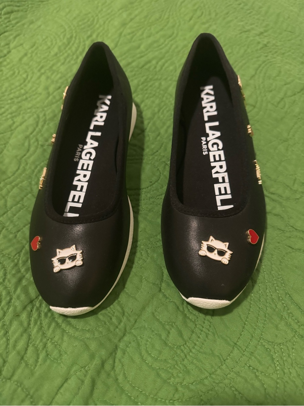 Karl Lagerfeld Black Ballet Flats with Gold Kitty and Red Heart Accents